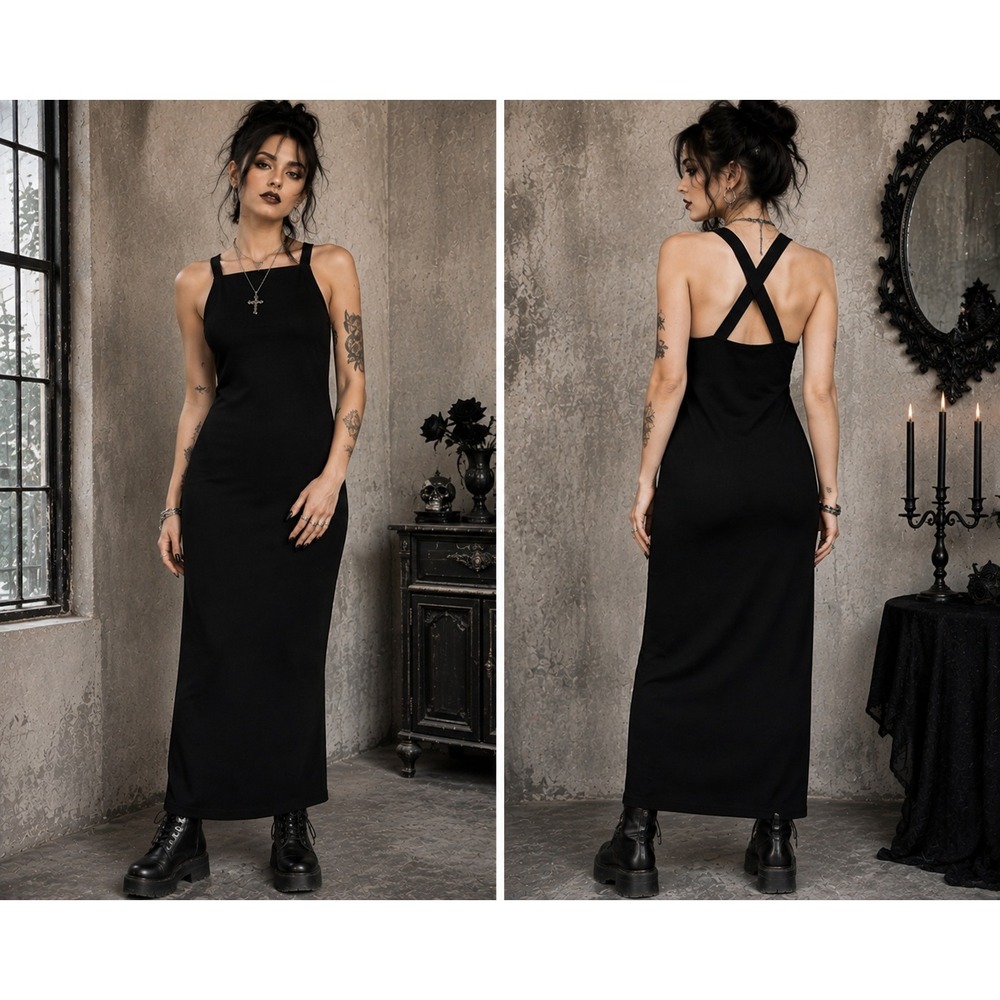 525‎ America Black Knit Halter Midi Dress Crisscross Back  XS